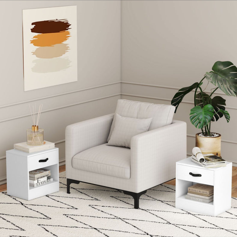 Pack de 2 Tables de Chevet avec Tiroir et Compartiment Ouvert pour Salon - Blanc
