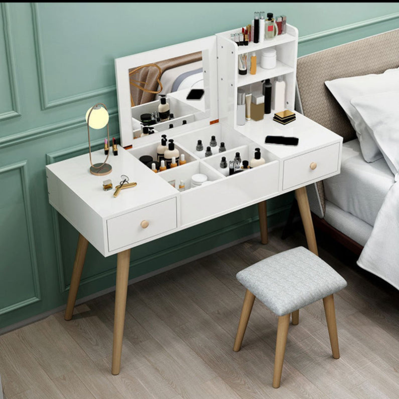 Coiffeuses de bois Blanc pieds en bois massif avec supports de rangement avec chaise