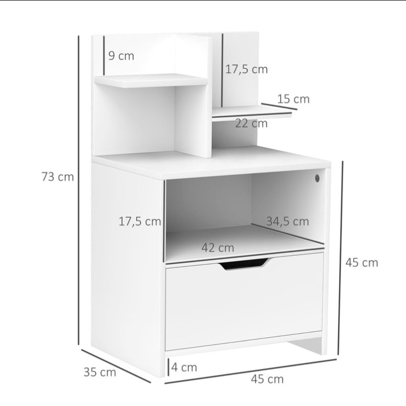 Table de chevet table de nuit avec tiroir, niche et étagères de rangement effet bois - blanc