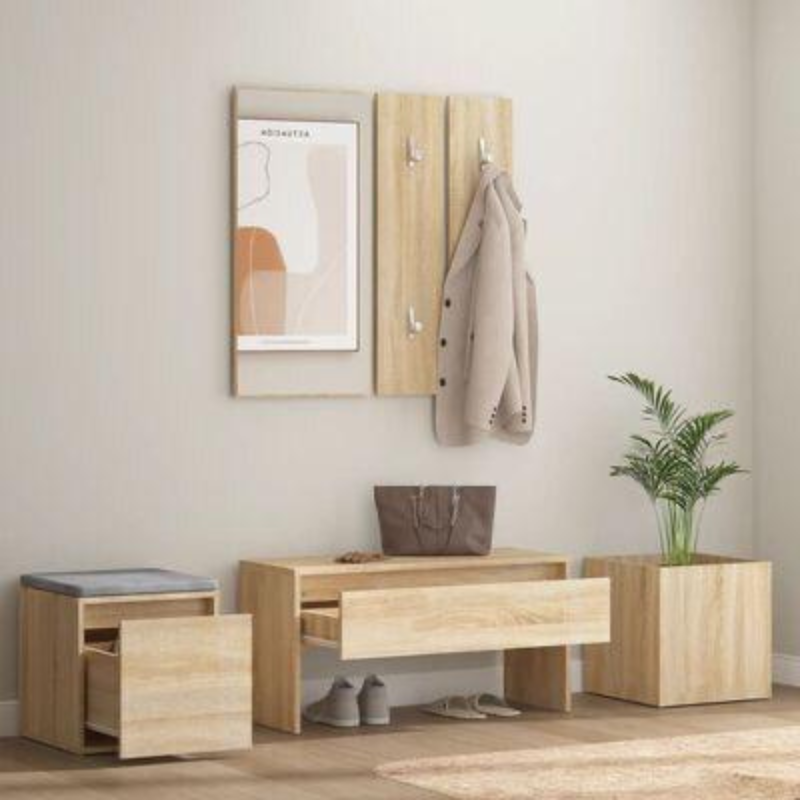Ragui à chaussures avec assise et porte-manteau Chêne - 80cm bois Mdf