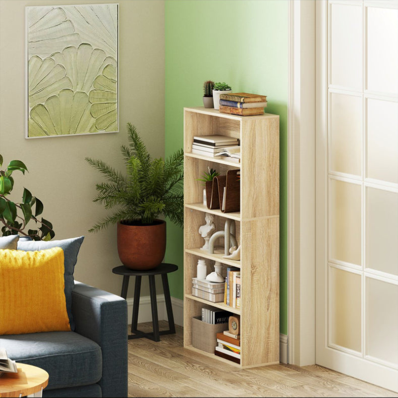 Bibliothèque à 5 étagères avec 3 étagères ajustables, en bois