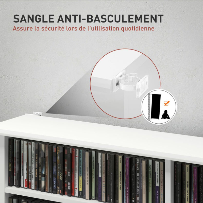Rangements pour CD et DVD avec 16 compartiments et 12 étagères réglables, capacité max. 720 CD/396 DVD et Blu-ray