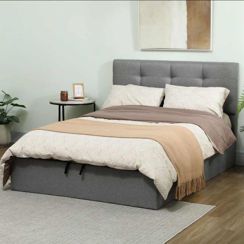 HOMCOM Lit coffre 140x190, cadre de lit double rembourré avec sommier à lattes en bois et rangement caché