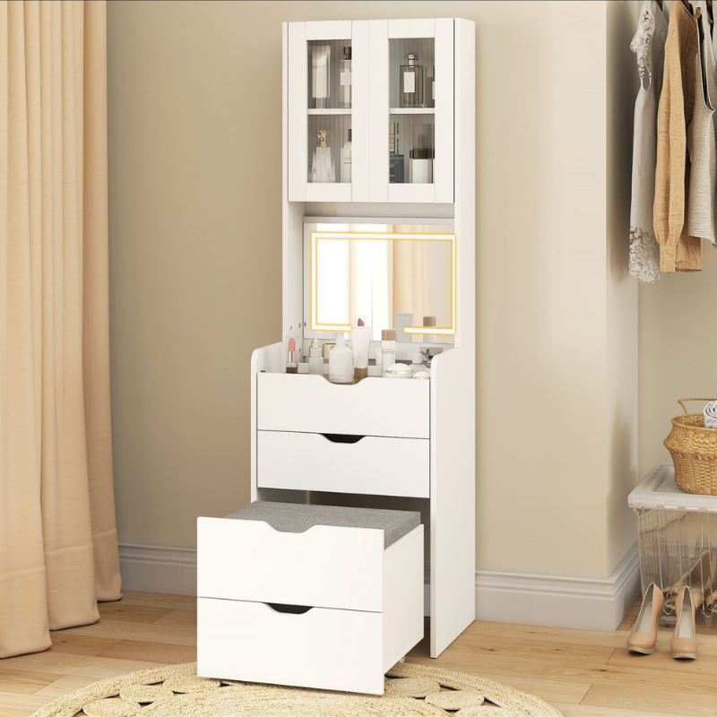 Coiffeuses - HOMCOM - Blanc - Maquillage avec étagères  miroir pliant et tabouret rembourré 3 tiroirs étagères