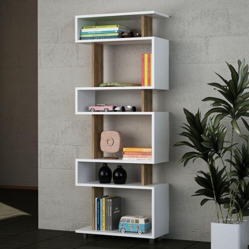 Bibliothèque à étagères - LOCK - 163cm  blanc et Noyer - bois Mdf