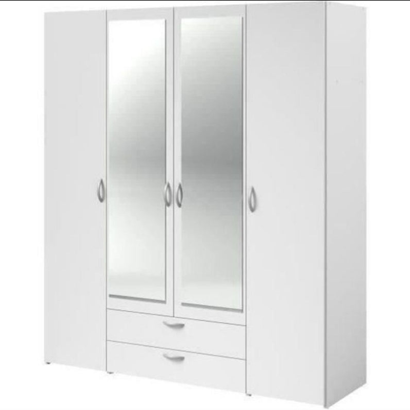 Armoire VARIA - Décor blanc - 4 portes battantes + 2 miroirs + 2 tiroirs