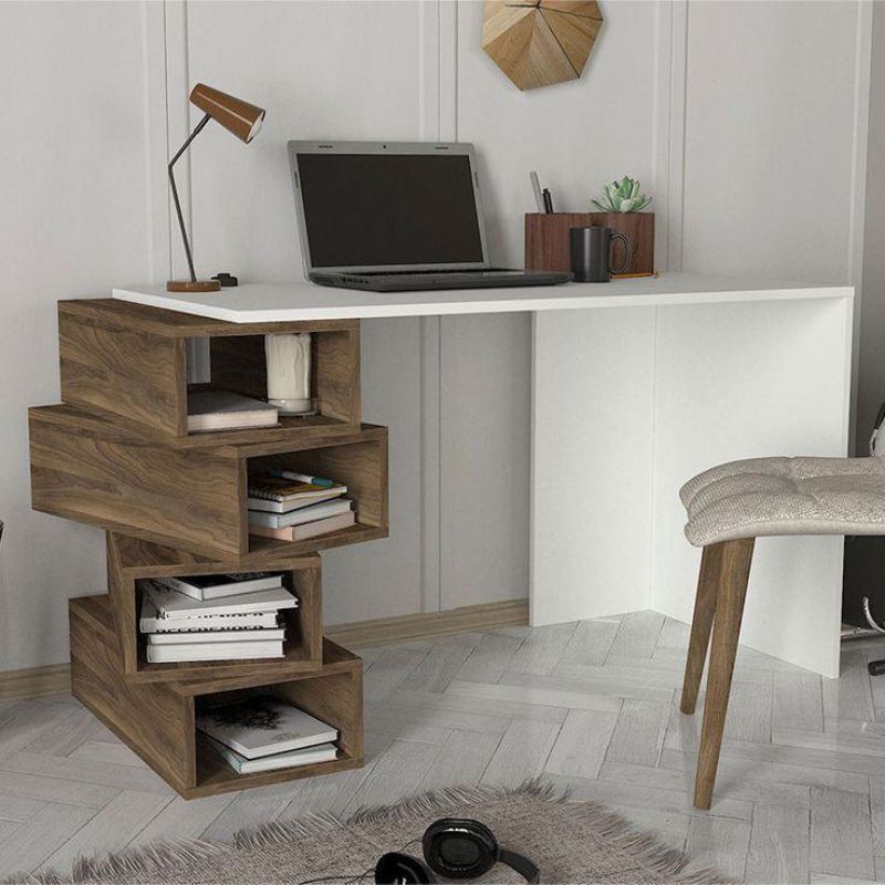 Bureau - AKIR - Blanc et Noyer bois Mdf 130cm