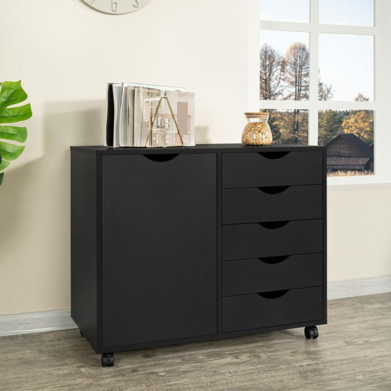 Armoire de classement verticale à tiroir, porte, étagère réglable, roulettes - Noir - Bois MDF