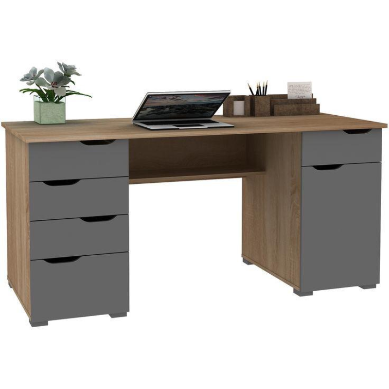 Bureau avec 5 tiroirs et porte - Chêne et Gris 160cm bois Mdf