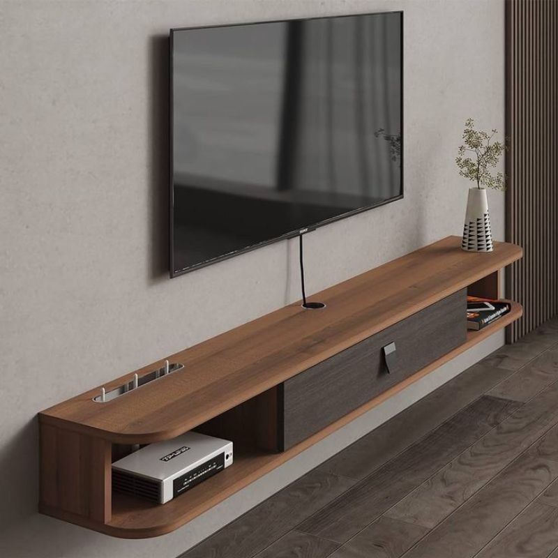 Meuble TV mural, Étagères flottantes avec porte  - Noyer - 160 cm bois Mdf
