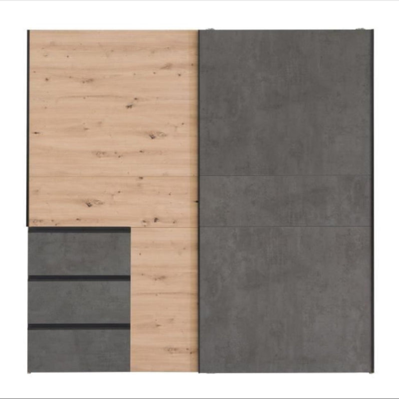Armoire Grand Format WINN2 – Chêne & Gris Anthracite – 2 Portes Coulissantes & 3 Tiroirs