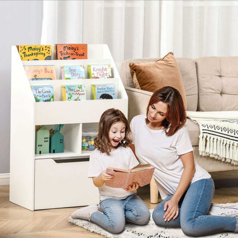 Bibliothèque étagère Multi-Rangement 3 étagères 2 niches Grand tiroir en bois - Blanc