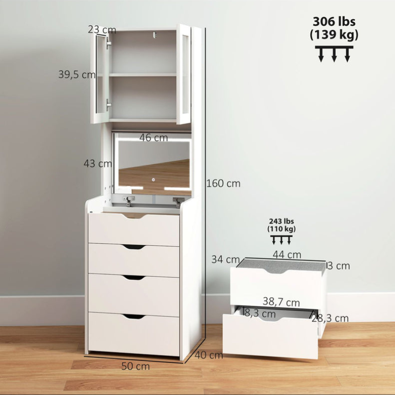 Coiffeuses - HOMCOM - Blanc - Maquillage avec étagères  miroir pliant et tabouret rembourré 3 tiroirs étagères