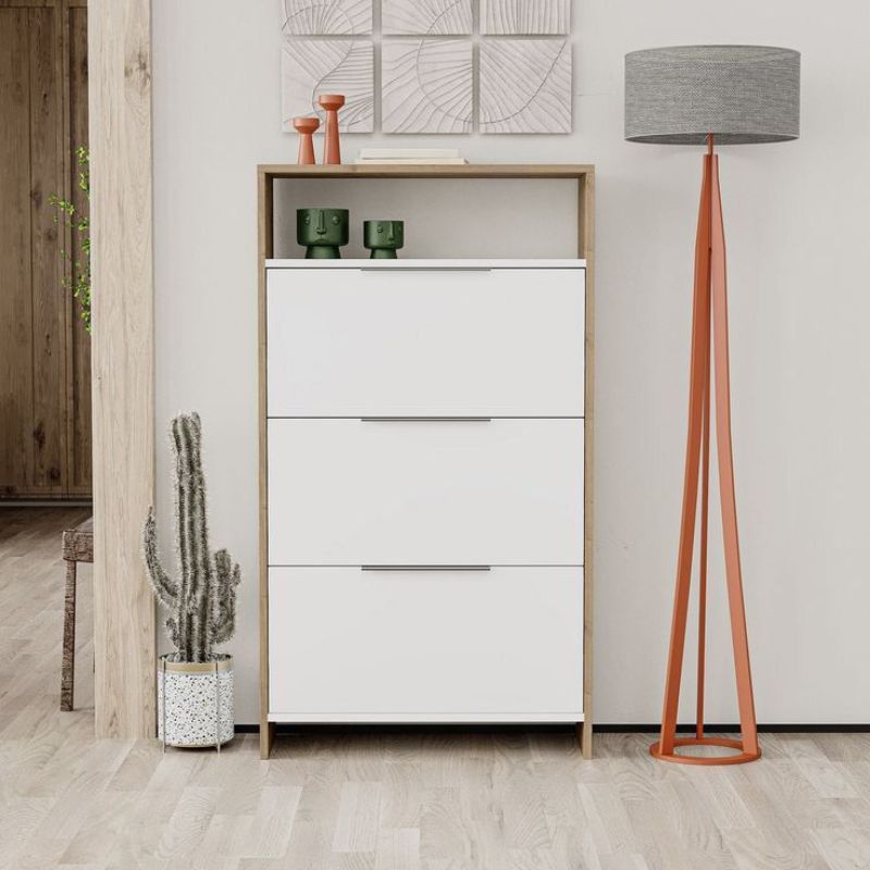 Meuble chaussures de 3 niveaux ABIR 140cm - Noyer et Blanc