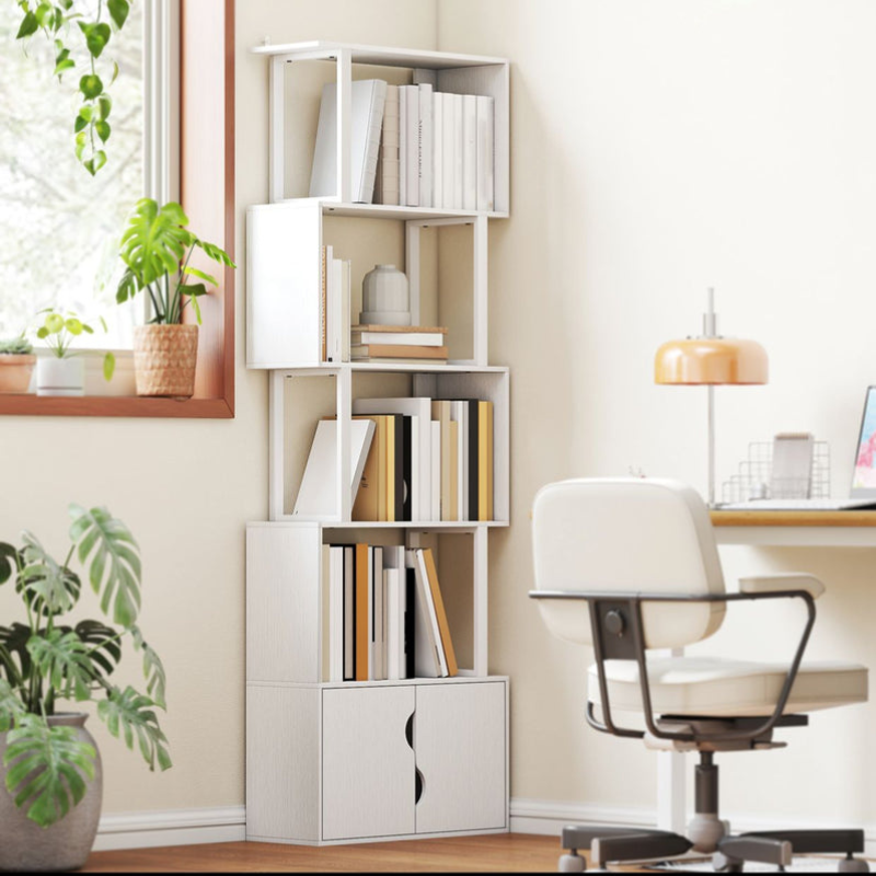 Bibliothèque à 5 niveaux, meuble de rangement avec étagères et placard double porte