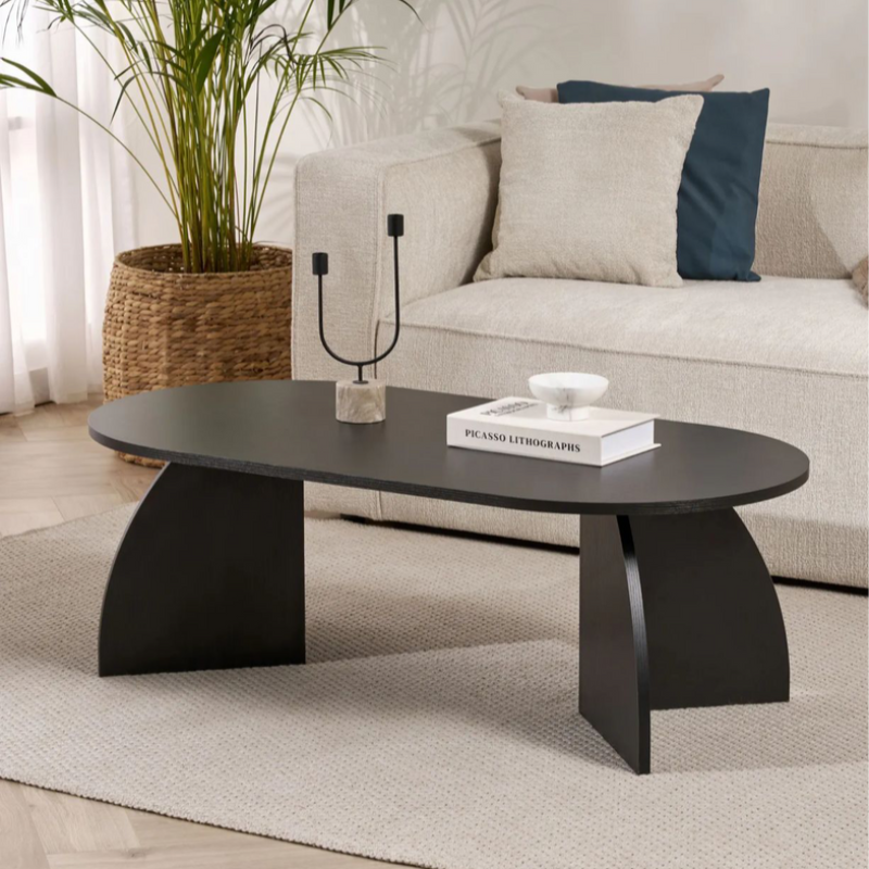 Table basse ovale - pieds courbes (Noir / Chêne / Noyer)