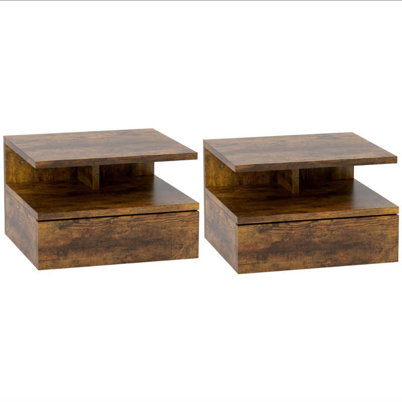 Pack Set de 2 Tables de Chevet Suspendues pour Chambre à Coucher avec Tiroir et Étagère