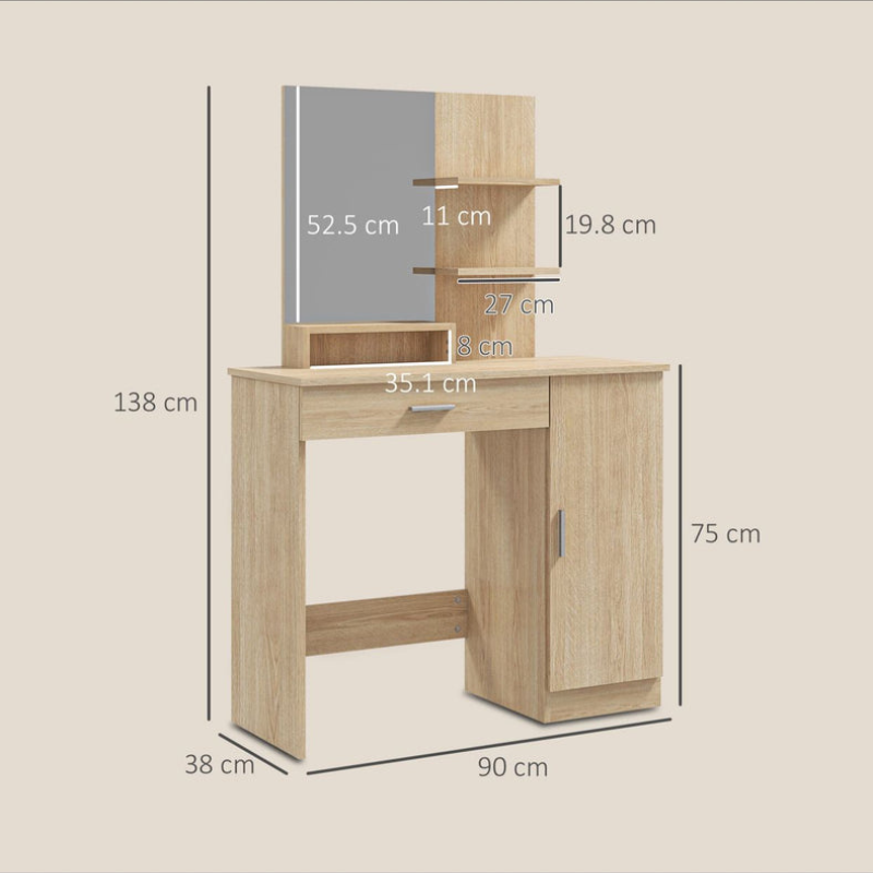 Coiffeuse de Chambre Polyvalente – Érable – avec Armoire, Miroir & Étagères