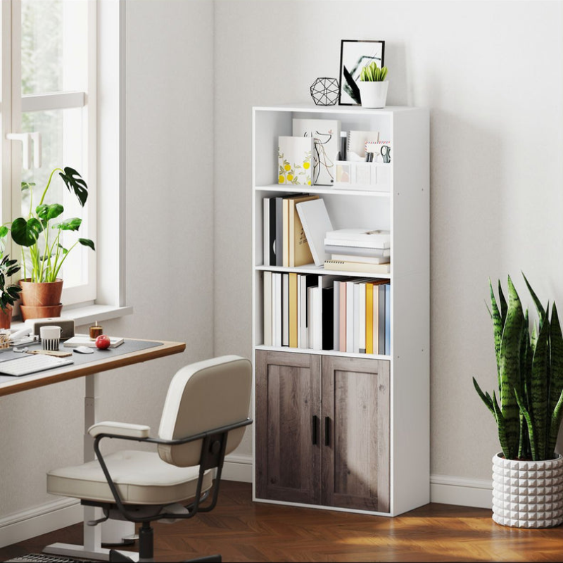 Bibliothèque meuble de rangement 5 niveaux avec compartiments ouverts et 1 placard