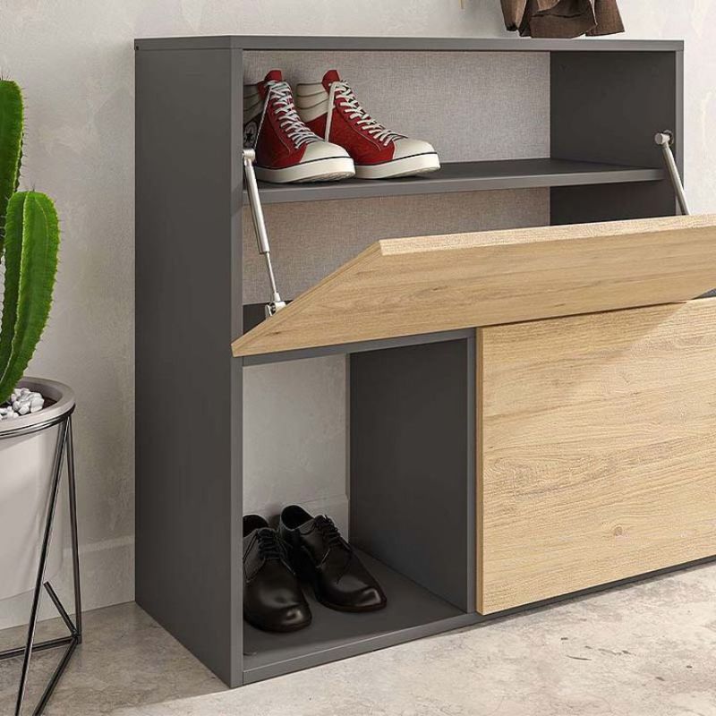 Meuble à chaussures avec porte- manteau avec assises - gris et chêne - 120 cm