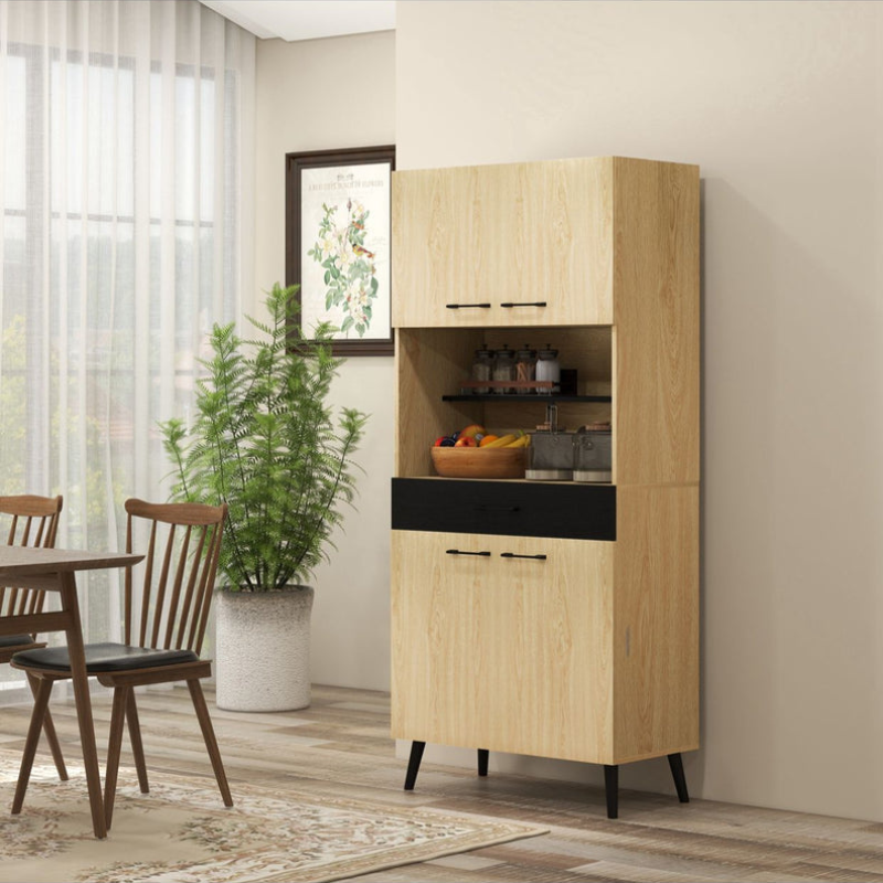 Armoire de cuisine multi-rangements avec tiroir 2 placards étagères réglables - Noir et Chêne