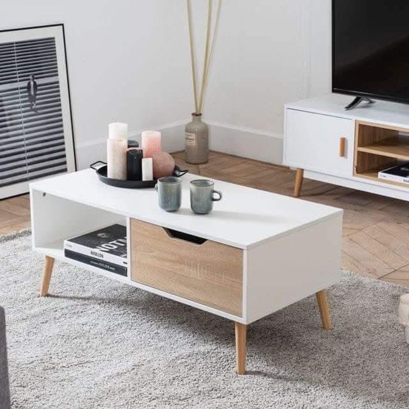 Table basse - Blanc et chêne - avec terroir bois Mdf - 100 cm