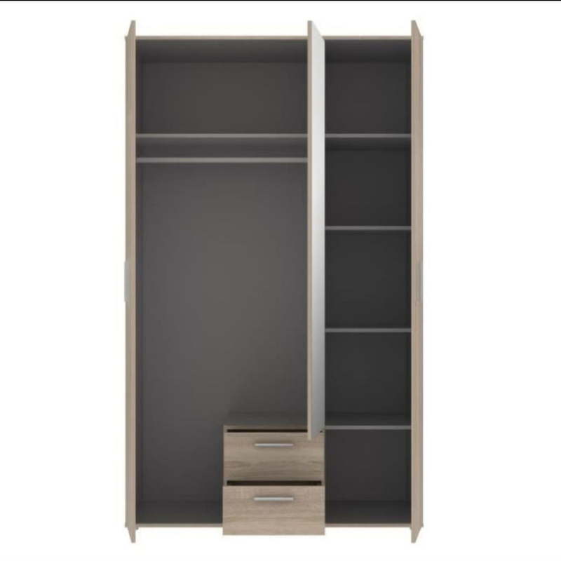 Armoire  3 portes battantes avec 1 miroir + 2 tiroirs - Décor chene Sonoma