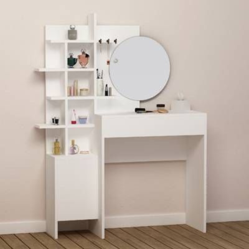 Coiffeuses design en bois blanc avec tiroir et étagères ouvertes et miroir