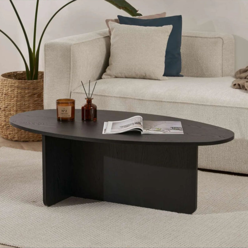 Table basse moderne ovale - Pied en T (Noir / Chêne / Noyer)