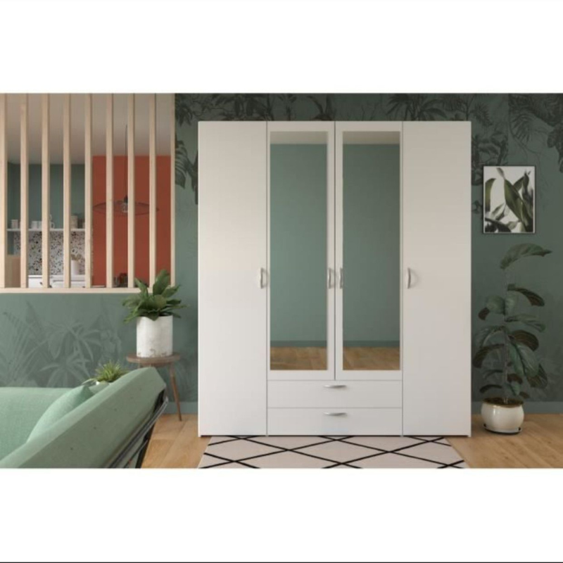 Armoire VARIA - Décor blanc - 4 portes battantes + 2 miroirs + 2 tiroirs