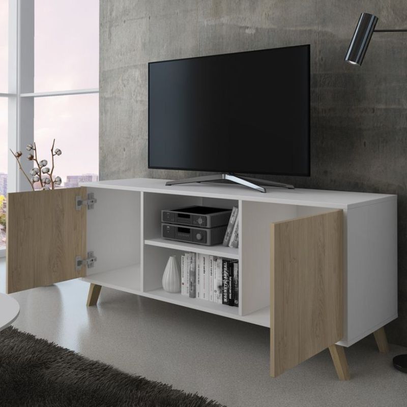 Meuble TV 135cm Double étagère VOGUE - Blanc et chêne