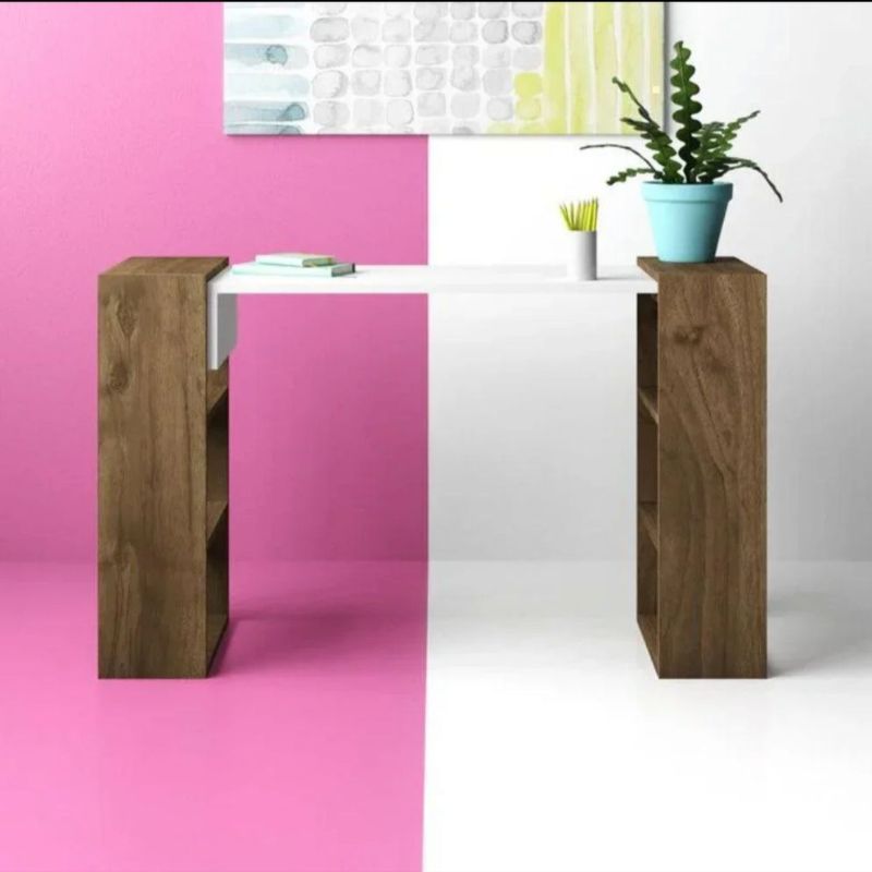 Bureau MADERA - Blanc et Noyer - avec Rangement Intégré