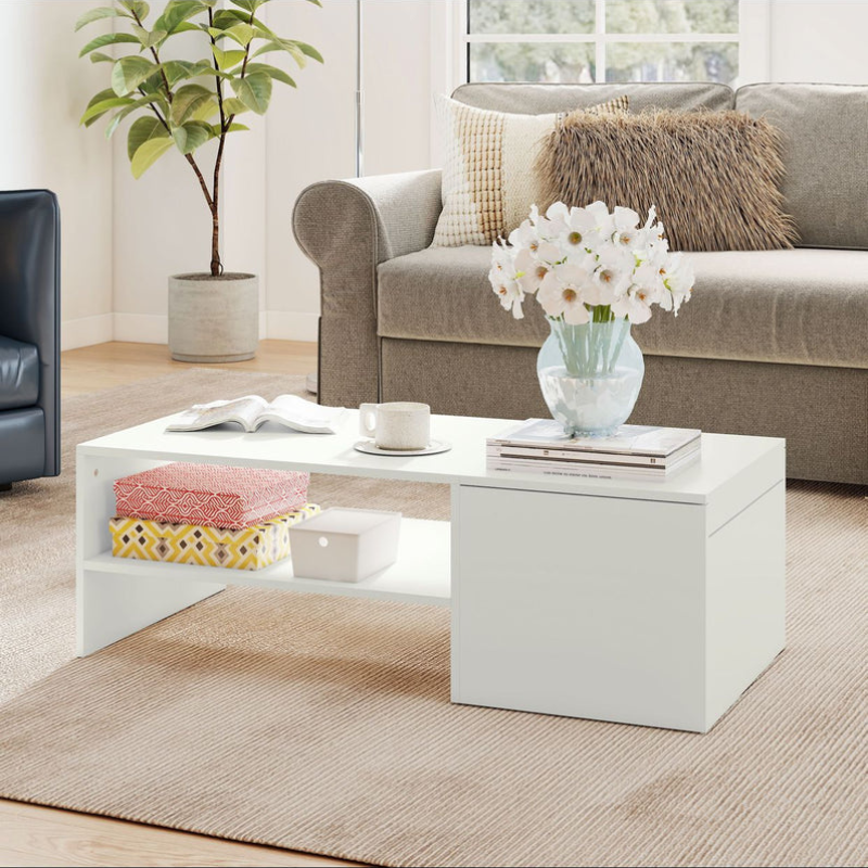 Table basse rectangulaire - table d'appoint plateau coulissant - rangement caché - étagère ouverte