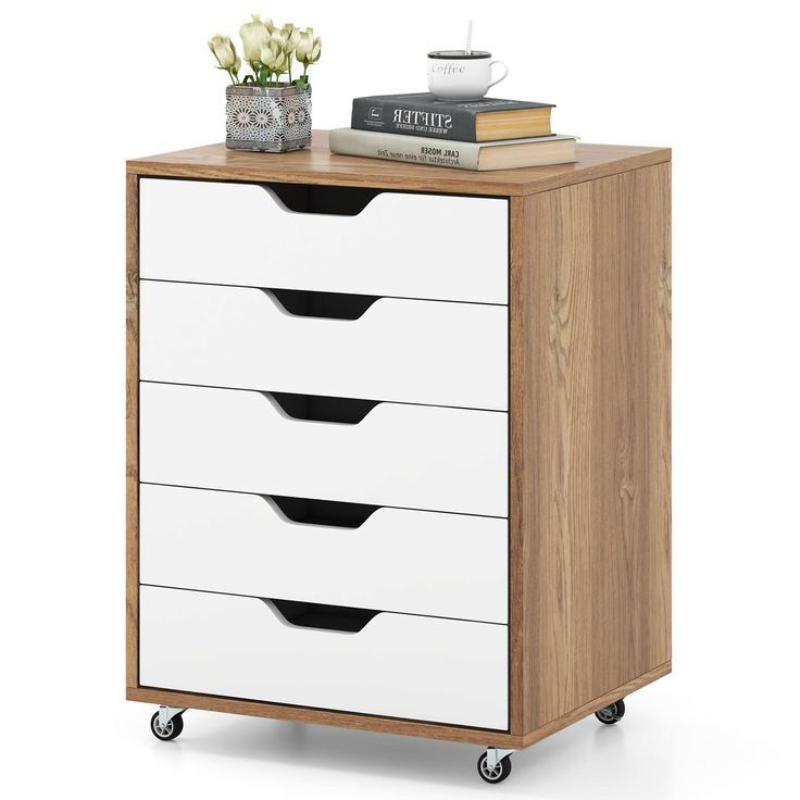 Table de chevet - Noyer et Blanc 5 tiroirs bois MDF