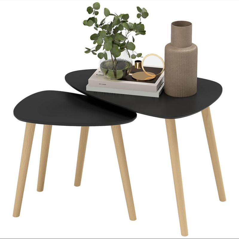 Lot de 2 tables basses gigognes design scandinave pieds en bois et plateau en bois