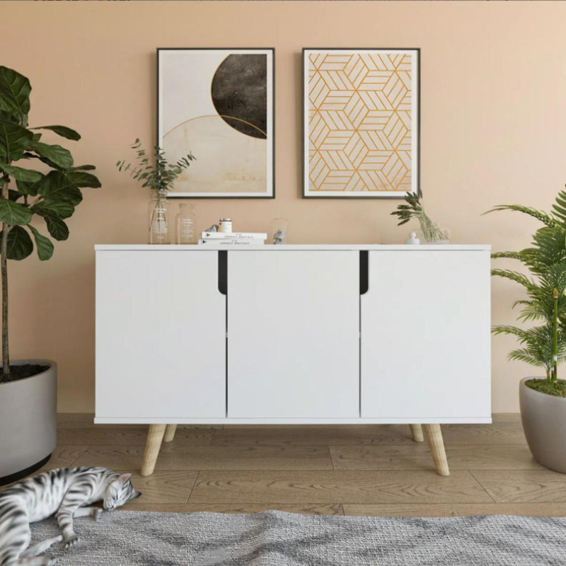 Buffet salle à manger blanc à poignées intégrées - 120 cm