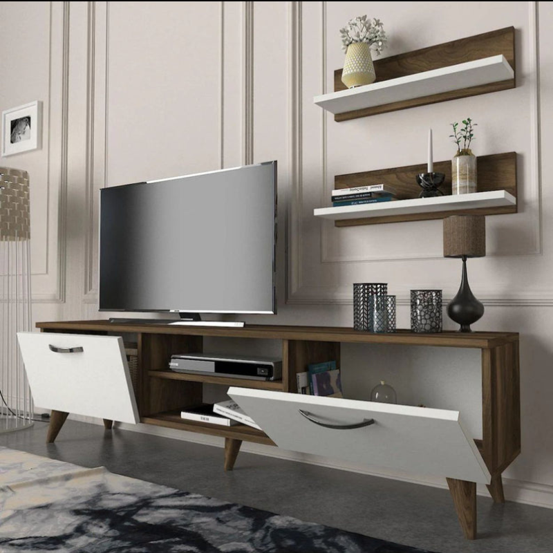 Meuble TV AYDEN 150cm - Noyer et Blanc
