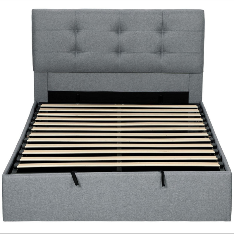 HOMCOM Lit coffre 140x190, cadre de lit double rembourré avec sommier à lattes en bois et rangement caché