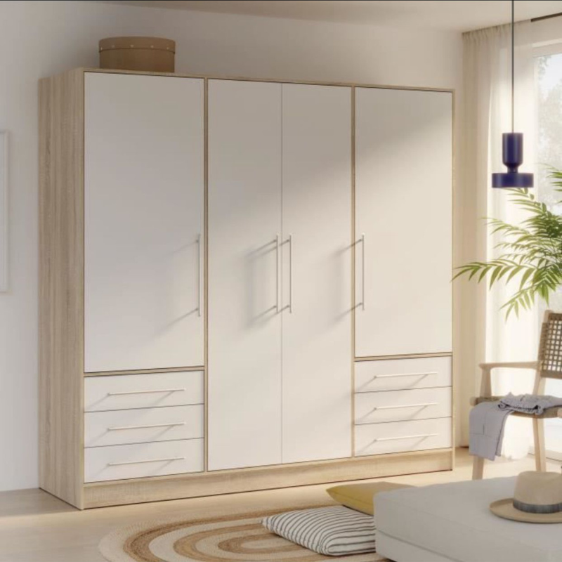 Armoire 4 portes battantes + 6 tiroirs - Chene et blanc