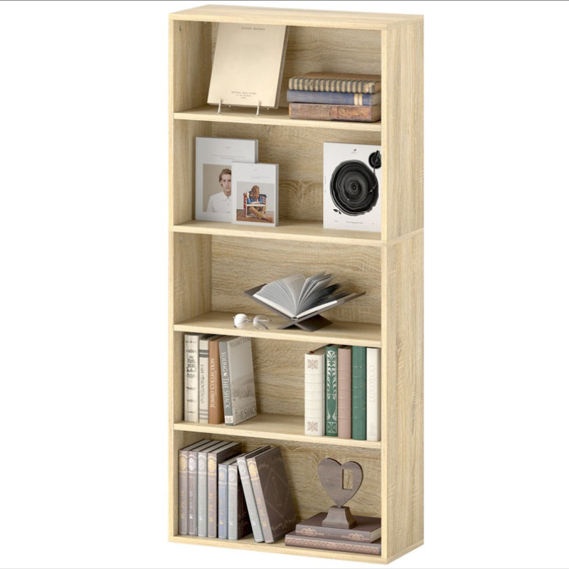 Bibliothèque à 5 étagères avec 3 étagères ajustables, en bois