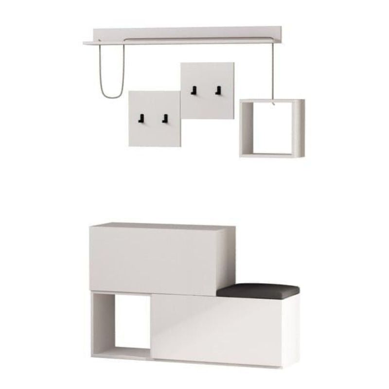 Meuble à chaussures avec porte- manteau avec assises - Blanc- 120 cm