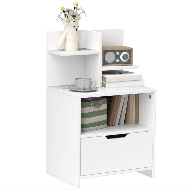 Table de chevet table de nuit avec tiroir, niche et étagères de rangement effet bois - blanc