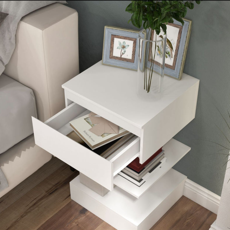 Table de Chevet Moderne avec un Tiroir et 2 Étagères - Blanc