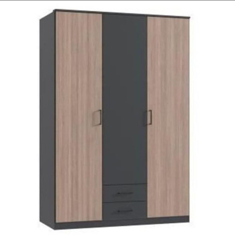 Armoire AGIA – Décor Gris & Chêne – 3 Portes Battantes & 2 Tiroirs