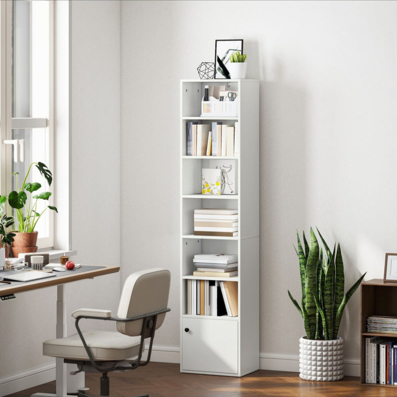 Bibliothèque 7 niveaux Étagère pour livres moderne avec étagères ouvertes et porte