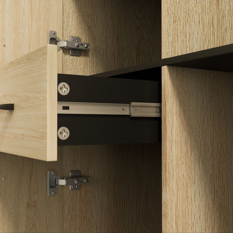 Armoire meuble de cuisine avec 2 tiroirs 2 placards 4 niches étagères réglables et passe-câbles H170 cm - Chêne et Noir