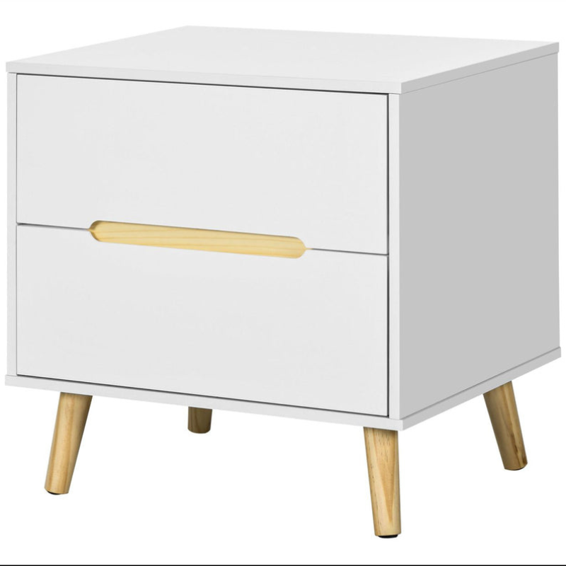 Table de Chevet Moderne avec 2 Tiroirs en Panneau de Particules et Pieds en Bois de Pin - Blanc