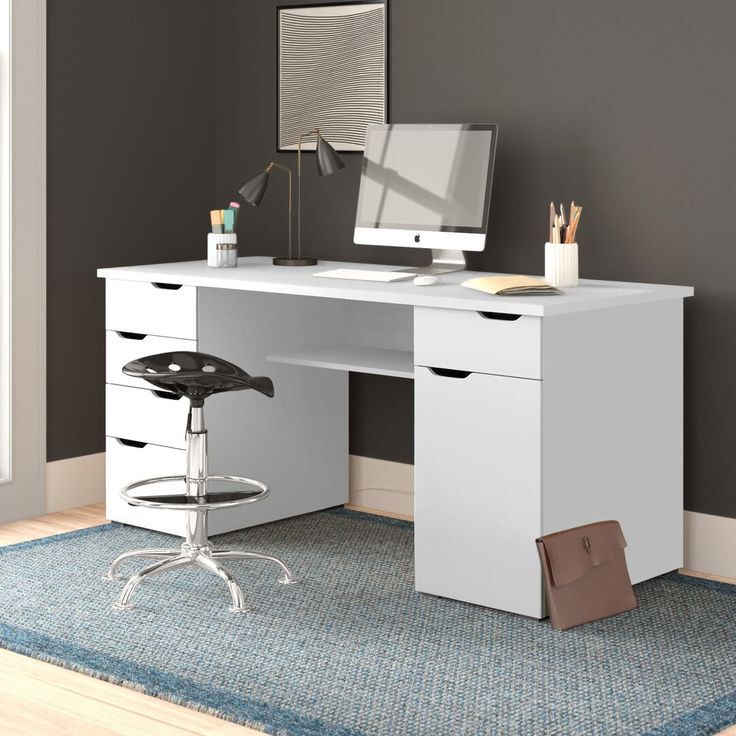 bureau avec 5 tiroirs - Blanc - et porte en bois MDF