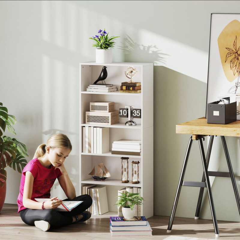 Bibliothèque à 5 étagères avec 3 étagères ajustables, en bois
