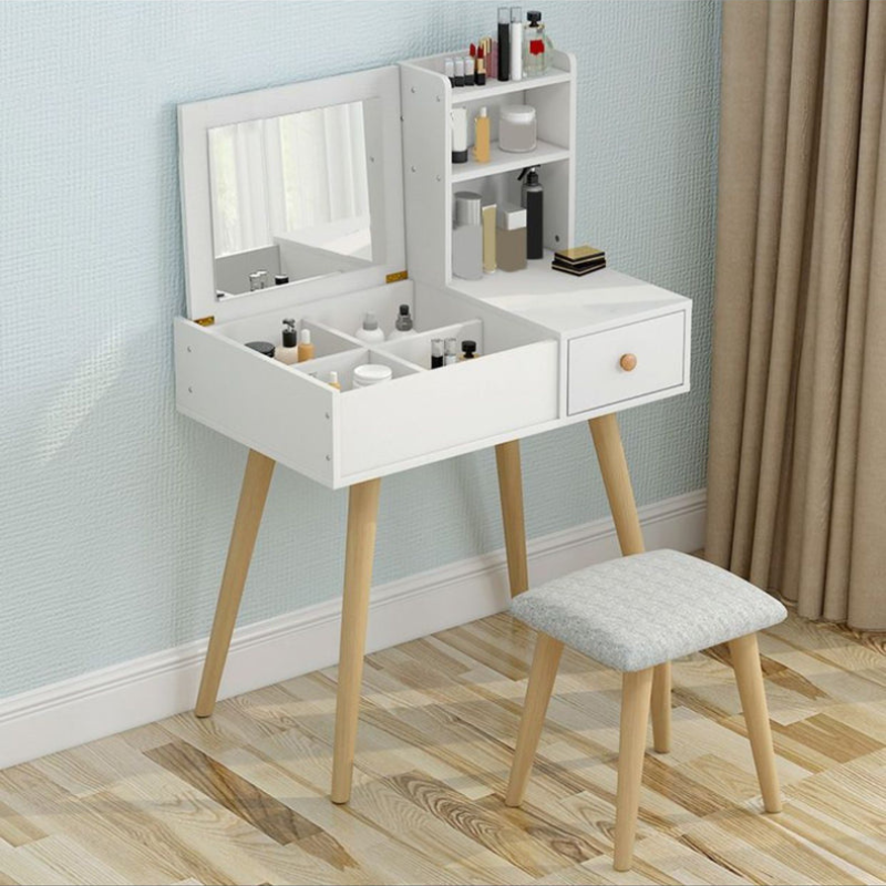 Coiffeuses de bois Blanc pieds en bois massif avec supports de rangement avec chaise